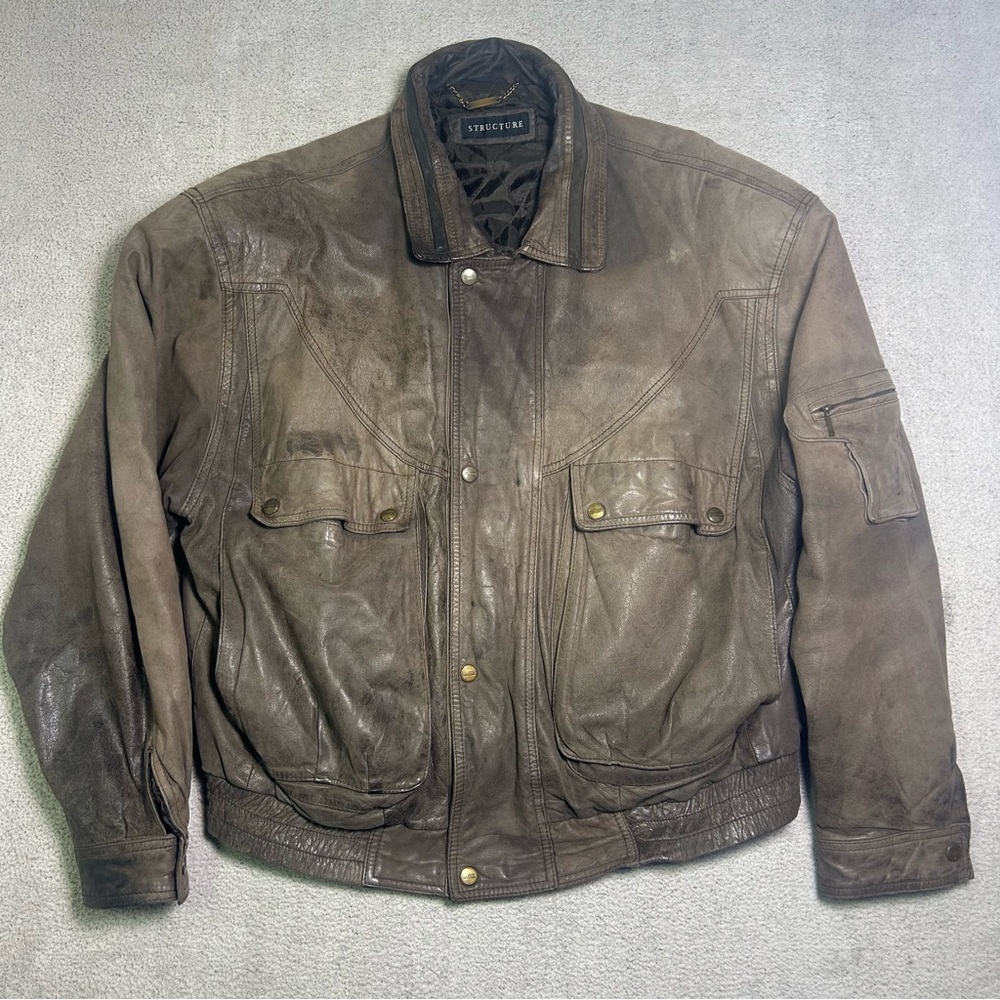 Vintage Structure Brown Leather Jacket Men’s XL Aviator Flight Bomber Coat